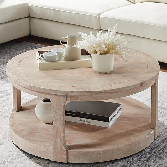 KEVINSPACE Round Coffee Table 40" Circle Coffee Table for Living Room 2-Tier Solid Wood Desktop Center Table Modern Design Accent Center Table Home Furniture for Bedroom, Home Office Oak
