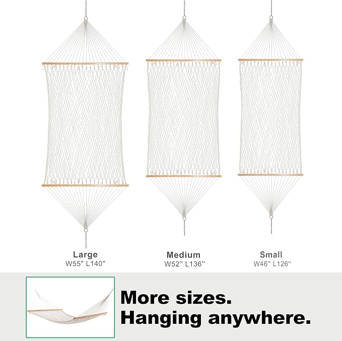 GAFETE 12ft Double Hammocks for Outside, Handwoven Traditional Cotton Rope 2 Person Hammock with Hardwood Spreader Bar, Chains & Hooks for Indoor Outdoor, Max 450 lbs Capacity (Natural Beige, Medium) - Image 6