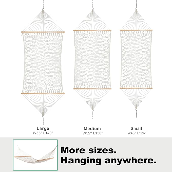 GAFETE Single Rope Hammocks for Outside, Traditional Hand Woven Cotton Hammock with Hardwood Spreader Bar, Max 450 lbs Capacity (Natural Beige, Small) - Image 6