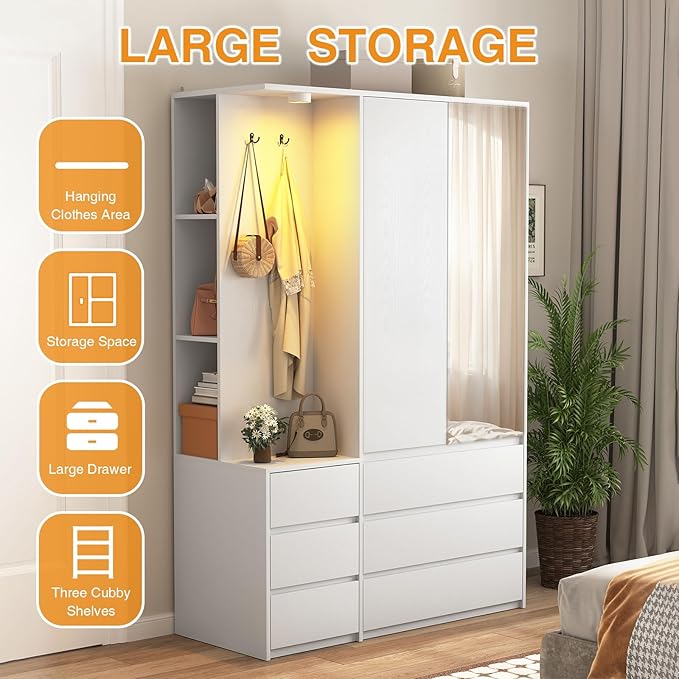 Armoire Wardrobe Closet with Mirror Door and LED Light, Bedroom Armoire with 6 Drawers, Modern Wooden Large Wardrobe Closet with Shelves, Wooden Armoire with Hanging Rod for Bedroom(White)