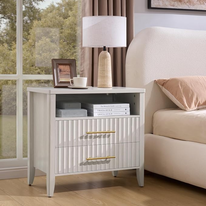 Fluted Nightstand with 2 Drawers, 27" Modern Nightstands Set of 2 with Storage Shelf, Large Queen Size Bedside Table and End Table for Bedroom, Office (Beige, 2 Pieces) - Image 7