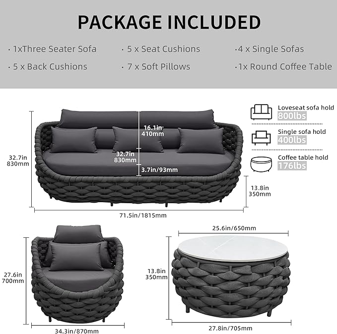 TWT 6-Piece Aluminum Patio Furniture Set, Modern Outdoor Conversation Set Sectional Sofa with Water Repellent Thick Cushions and Coffee Table for Balcony, Garden
