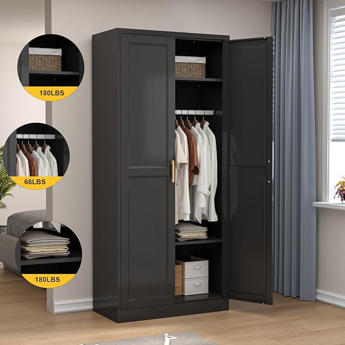 SteeLoong Metal Wardrobe Cabinet with Hanging Rod, 71" Tall Armoire Wardrobe Closet with 2 Doors and Adjustable Shelves, Black Clothing Storage Cabinets for Bedroom, Laundry Room, Cloak Room