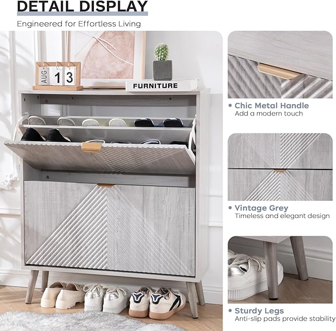 oakvivo Shoe Cabinet with 2 Flip Drawers, Freestanding Shoe Organizer with 4 Wooden feet, Modern Shoes Storage Cabinet for Entryway, Hidden Narrow Shoe Rack Cabinet for Foyer, Hallway, Mudroom, Grey - Image 5