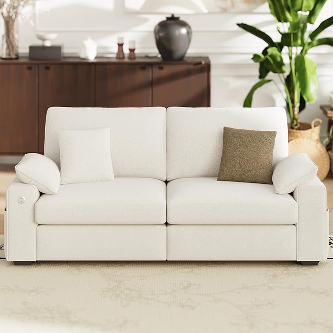 76" Loveseat Sofa, Cloud Foam Couch, 3 Seater Upholstered Midcentury Mondern Love Seat with USB Type C Ports, 4 Pillows and Storage Armrest for Living Room/Small Spaces, Beige | Breathable material