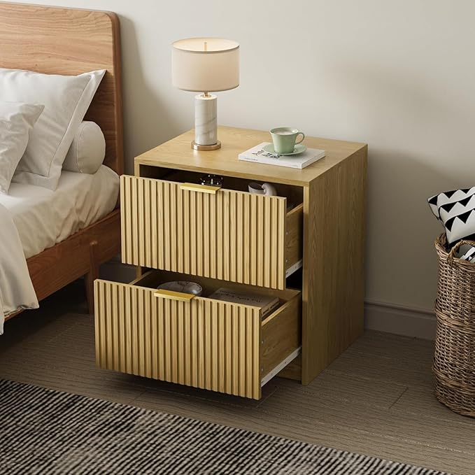 MAISONARIA 3-Piece Dresser Bedroom Set, 5 Drawer Dresser & 2 Drawer Nightstands with Gold Handles, Fluted Wood Chest of Drawers for Bedroom, Living Room, Entryway, Nature
