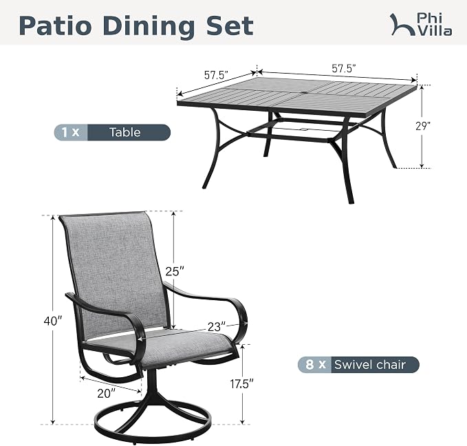 PHI VILLA 9 Piece Outdoor Patio Dining Set, Large Square Metal Dining Table and 8 Outdoor Swivel Dining Chairs, Patio Table and Gray Chair Furniture Dining Set for 8 Person - Image 9