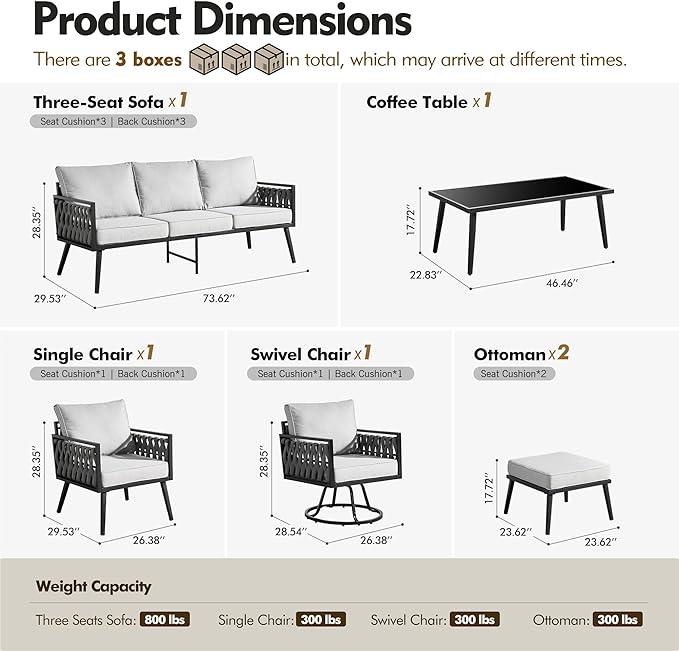 Outdoor Patio Furniture Set, 6-Piece Metal Conversation Furniture Sofa with Coffee Table, All Weather Patio Couch Sofa with Thick Cushions for Balcony Backyard,Light Grey