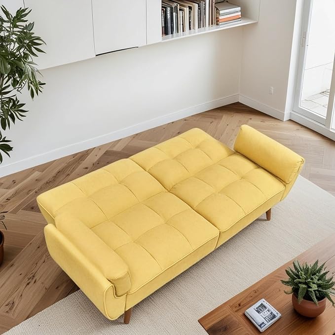 Convertible Futon Sofa Bed, Modern Futon Couch with 2 Pillows, Small Futons Couch with Adjustable Armrest & Backrest, Loveseat Sofa Bed for Living Room, Bedroom, Yellow