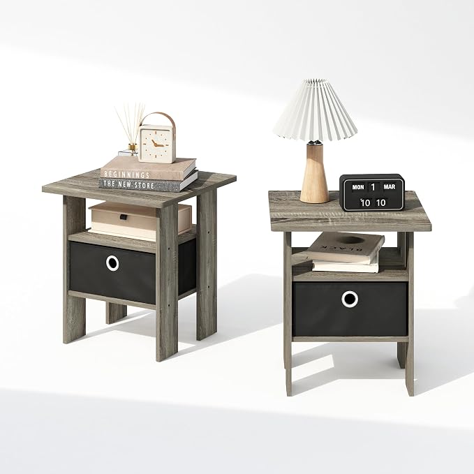Furinno TIDUR Night Stand Set of 2, Open Shelf Design Nightstand with Storage Bin, Bedside Table, End Table, Side Table, for Bedroom, Closet, Dorm, French Oak - Image 6
