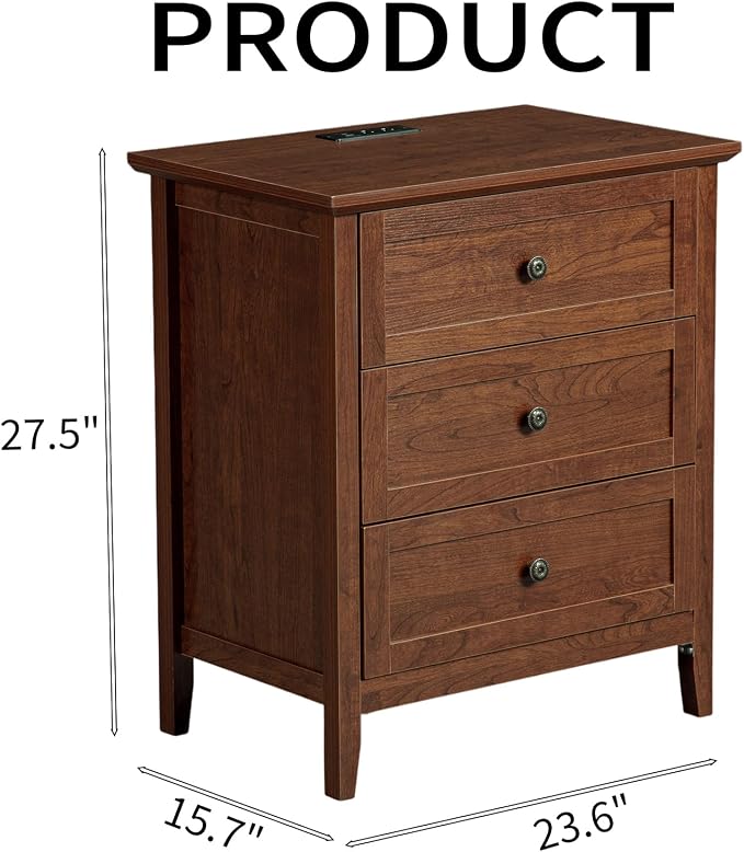 Karl home Farmhouse Nightstand with Charging Station, Wide End Table with 3 Large Drawers & Mental Handles, Wood Small Side Table of Drawers for Bedroom, Closet, Brown - Image 3