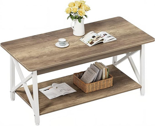 GreenForest Coffee Table with Round Corner, 39.4'' Modern Living Room Table with 2 Tier Storage Shelves, Rustic Industrial Sturdy Center Table Space Saving Easy Assembly, White Gray Wash