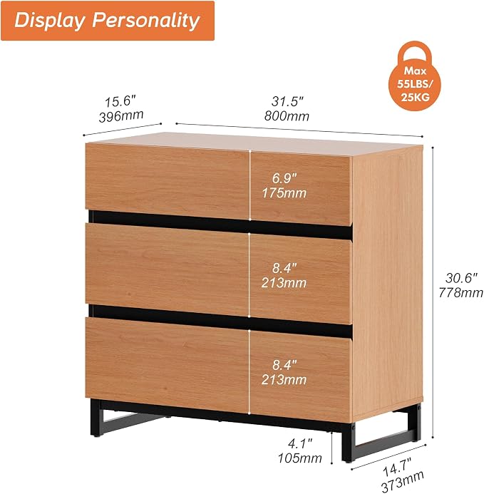 WAMPAT Nightstand with 3 Drawers for Bedroom, Modern Bedside Table with Black Square Metal Leg, Wood Rustic Side End Table, Mocha - Image 2