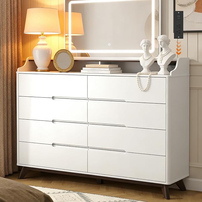 Dresser for Bedroom with 8 Drawers, 55" Large Dresser & Chest of Drawers with Charging Station, Wood Closet Clothes Storage Tall Dressers Organizer for Bedroom Living Room Hallway (White) by SOLACEFURNITURE