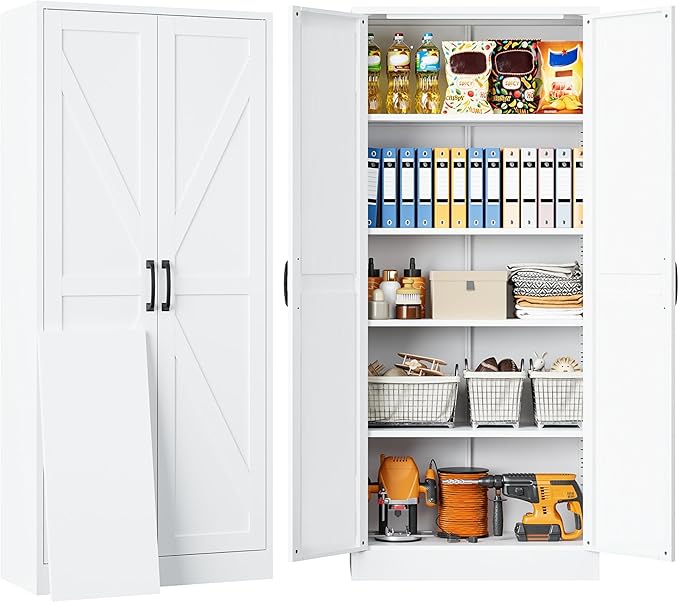 SISESOL 61" Tall Pantry Cabinet,Farmhouse Kitchen Pantry Storage Cabinets with 2 Doors and 5 Shelves,White Metal Storage Cabinet,Large Cupboard for Home,Kitchen,Dining/Living Room