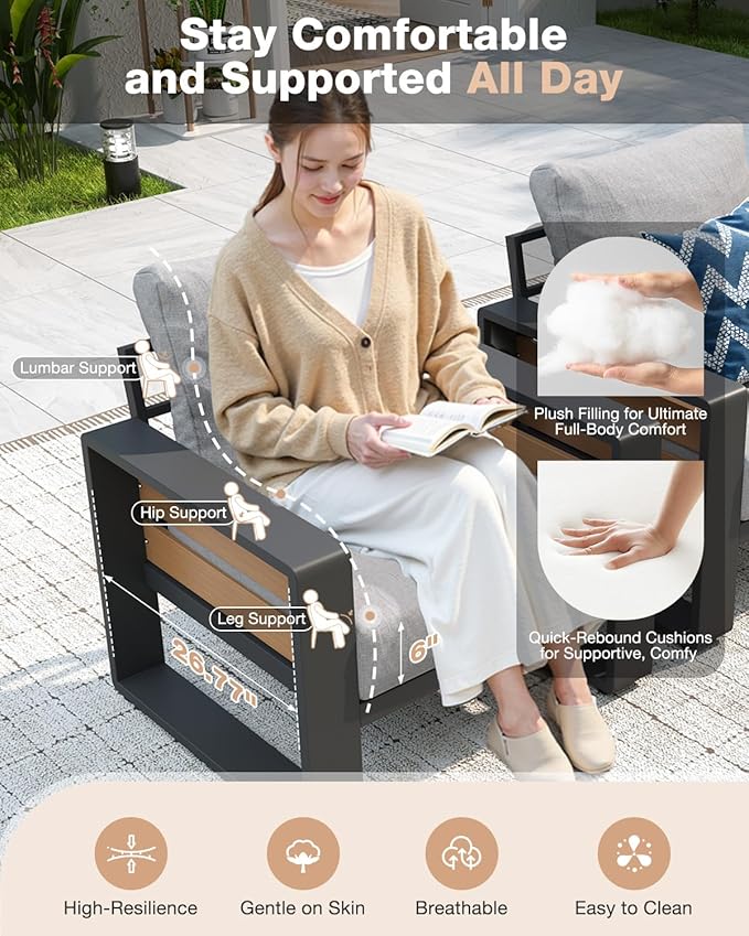 Aoxun Aluminum Patio Furniture Set, 5 Seats Luxury Outdoor Sectional with 6" Olefin Fabric Cushions, Patio Conversation Sets with Coffee Table Outdoor Sofas for Backyard, Deck, Porch Light Grey