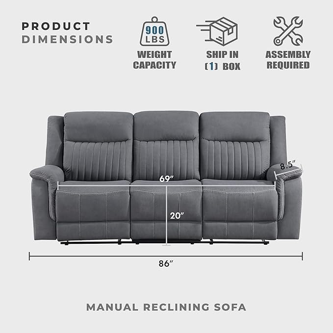 Lexicon Manual Double Reclining Sofa, Polished Microfiber Upholstered 3 Seater Manual Sofa Recliner for Living Room, Wall Hugger, Easy Assembly, Gray