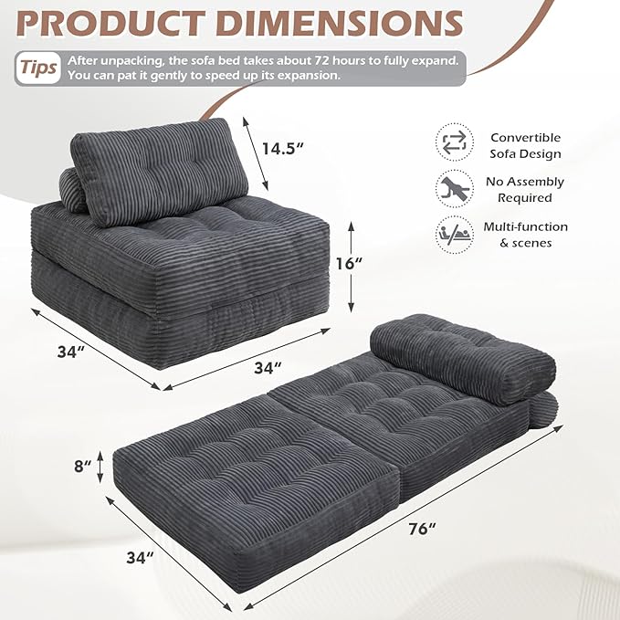 Folding Sofa Bed, Convertible Sleeper Chair with Pillow & Handle, Foldable Mattress Futon Chair Bed Lounge with Back Support, Comfy Floor Sofa for Living Room Bedroom, Grey, Single