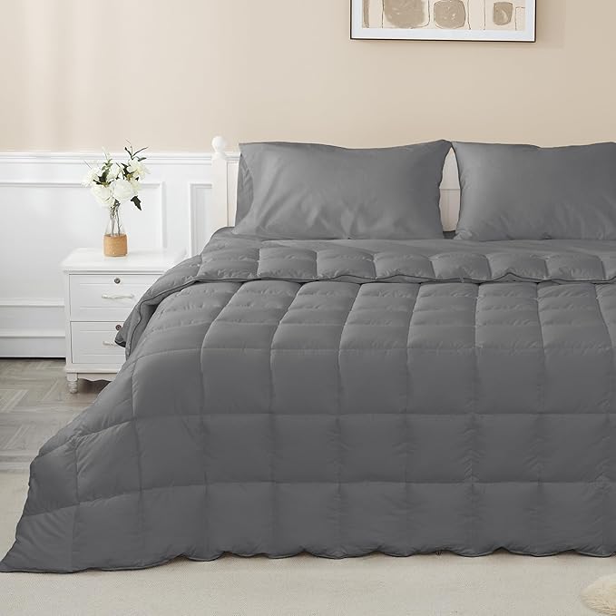 sunflower Comforter Duvet Insert Queen Size Steel Gray Down Alternative Filling Cotton Shell All Season Hypoallergenic Warm Breathable Noiseless Machine Washable with Corner Taps