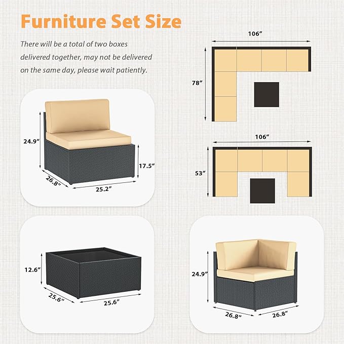 AECOJOY 7 Piece Outdoor Patio Furniture Set, Outdoor Sectional Conversation Furniture Chair with Coffee Table,Patio Sectional for Garden,Backyard(Khaki Cushions and Black PE Rattan)
