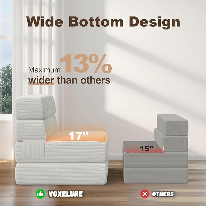 Folding Sofa Bed, Convertible Sleeper Chair & Couch Bed with Pillow, One-Piece High-Density Sponge Mattress, Multi-Purpose Corduroy Floor Sofa for Living Room, Office, Apartment, Beige, Single