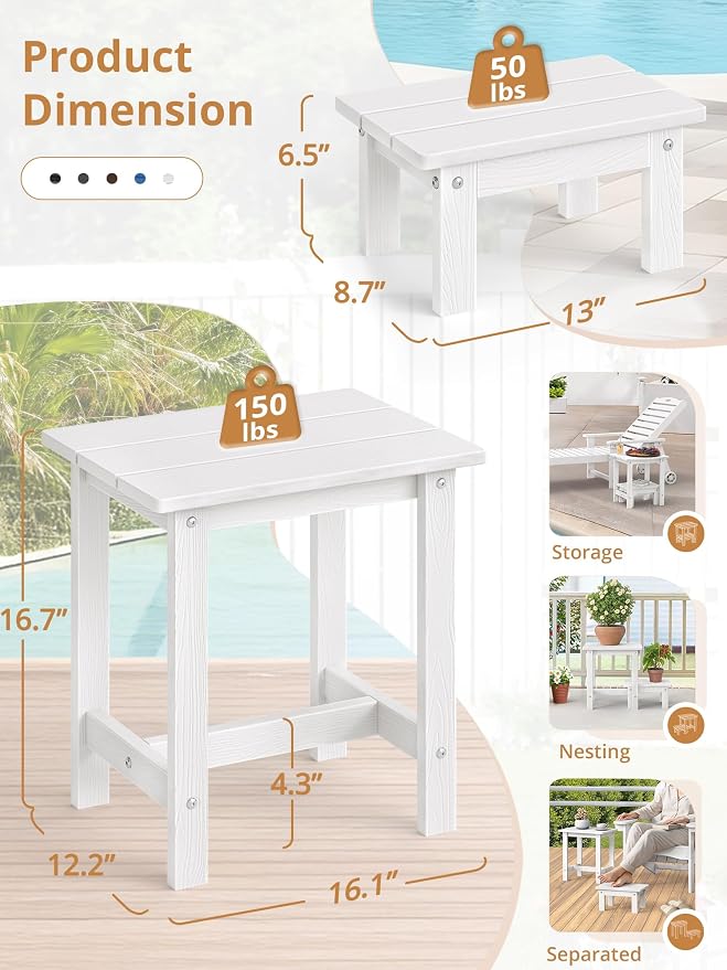 LUE BONA Outdoor Side Table, 2-Tier HDPS Outdoor Nesting End Table with Removable Small Foot Stool for Patio, Deck, Poolside, Low Maintenance & Weather Resistant, White - Image 3