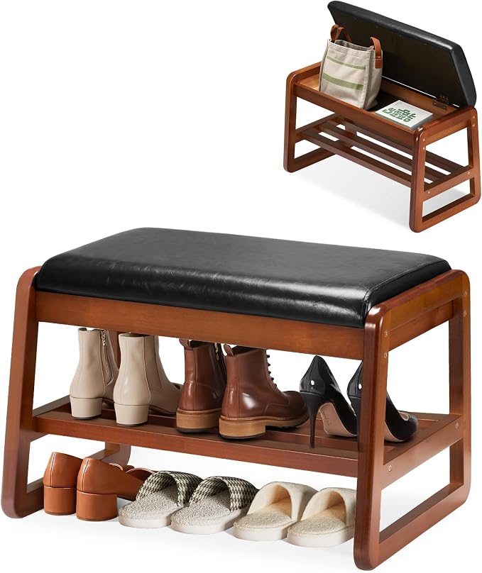 HABUTWAY Solid Wood Shoe Rack with Flip-Top Storage, Entryway Shoe Bench with Cushion, 2 Tier Shoes Storage Organizer for Hallway, Living Room-(Black,21.65"-S) by HABUTWAYMakeYourLifeComfortable