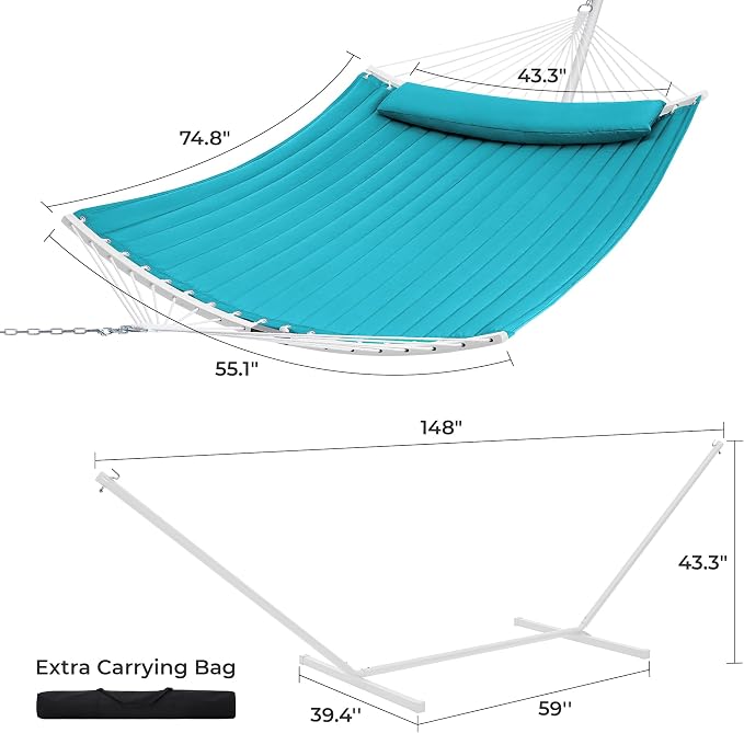 SUPERJARE Hammock with Stand, 2 Person Heavy Duty Hammock with Padded Cotton, Detachable Pillow & Strong Curved-Bar & Portable Carrying Bag, Perfect for Outdoor & Indoor, Sky Blue - Image 8