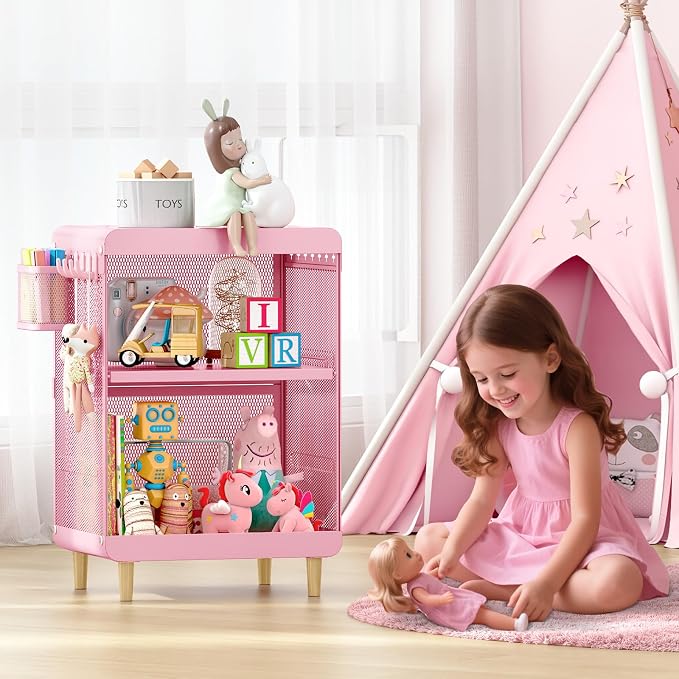 SYKIARIOL Kids Nightstand for Girls, Metal Bedside Table with 4 Hooks & Hanging Basket, 3-Tier Storage Shelf, Toddler Night Stand for Bedroom, Pink - Image 4
