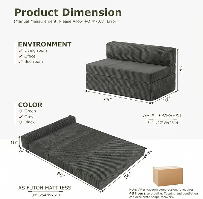 5-in-1 Convertible Sofa Bed, Boneless Loveseat Sleeper with Removable Cushions & Washable Corduroy Cover, Futon Sofa Bed with Handle, Pull Out Couch for Small Spaces, Full Size, Grey