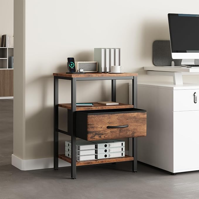 DUMOS Bedside Table with Charging Station and Adjustable Fabric Drawer Compact Nightstand 3-Tier Storage Organizer End Table for Bedroom,Brown - Image 10