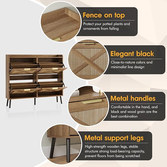 Maupvit Large Shoe Storage Cabinet with 4 Flip Drawers, Narrow Shoe Cabinet for Entryway with Wooden Legs, Freestanding Hidden Shoe Rack Organizer ＆ Metal Hinges, Rustic Oak Rattan - Image 4