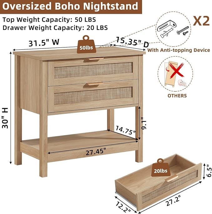 LEYAOYAO 31.5" Wide Rattan Night Stand, Oversized Large Boho Nightstand with 2 Drawer, Natural Wood Bed Side End Tables with Storage Shelf, Tall Bedside Table for Bedroom Living Room, Hallway - Image 2