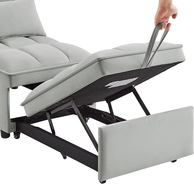 3 in 1 Convertible Sleeper Sofa Chair, Velvet Tufted Single Pull Out Couch Bed with Adjustable Backrest and Pillow