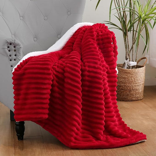 Red Sherpa Fleece Throw Blanket 50”×60” for Couch Sofa Bed,Double Side Soft Fuzzy Cozy Plush Thick Flannel Blanket with Striped Design Gift for Adults,Woman,Girls
