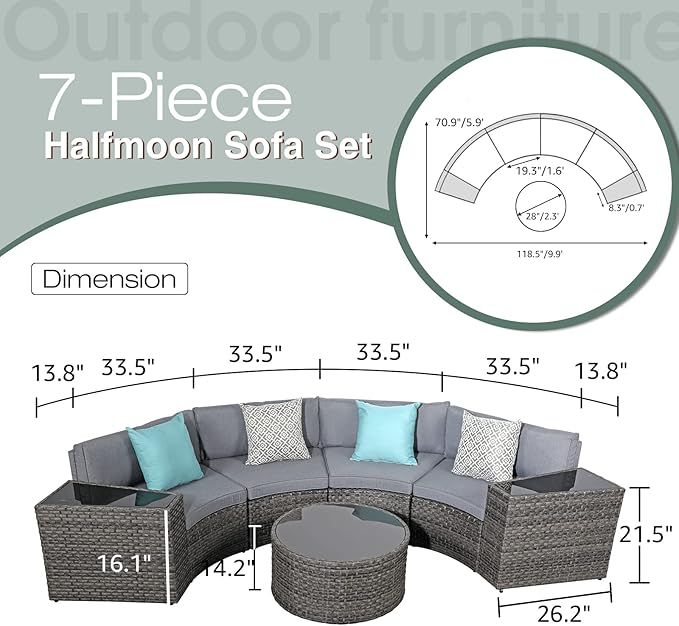 SUNSITT Outdoor 7-Piece Half-Moon Sectional Furniture Set with Round Coffee Table, Patio Curved Sofa Set, Grey Cushion and Grey Wicker, Incl. Waterproof Cover