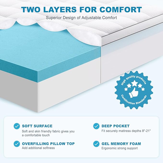 MASVIS Queen Size Dual Layer 4 Inch Memory Foam Mattress Topper, 2 Inch Cooling Gel Memory Foam and 2 Inch Pillow Top Mattress Pad Cover for Back Pain, Medium Support
