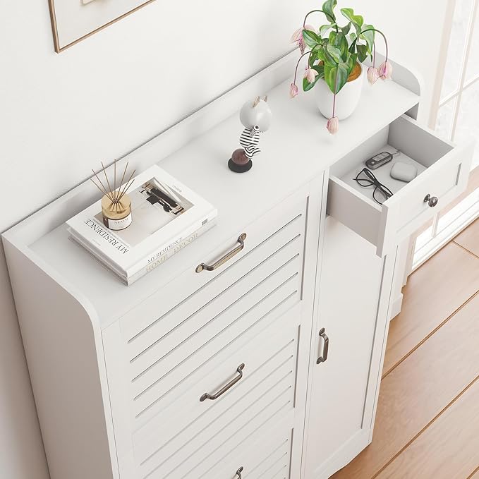 Narrow Shoe Storage Cabinet with 3 Flip Drawers, Doors & Adjustable Shelves, Slim Shoe Rack Cabinet for Entryway Closet, Deodorizing Wooden Boot Storage Organizer Freestanding Hidden, White - Image 4