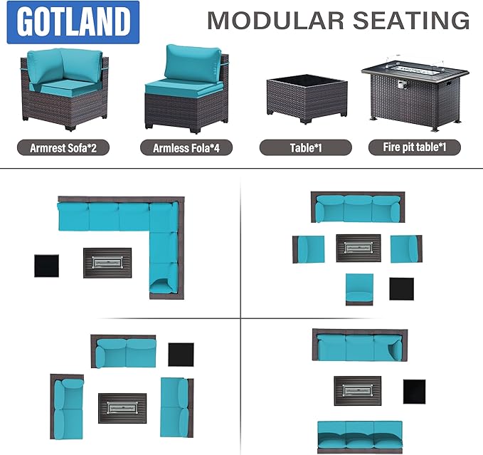 Gotland 8 Pieces Patio Furniture Set with Fire Pit Table, All Weather Rattan Outdoor Furniture with 29.5'' High Backrest 4’’ Thick Cushions Coffee Table, Outdoor Sectional for Porch, Deck, Blue