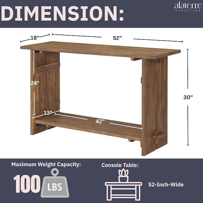 Alaterre Furniture Bethel Console Table with Lower Shelf for Storage – Rustic Farmhouse 52-Inch Solid Wood Sofa Table for Living Room, Mudroom, Foyer or Hallway (Natural Aged Brown) - Image 3