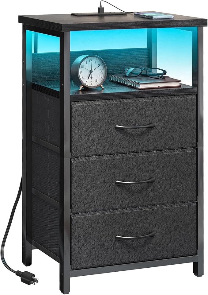 Fixwal Night Stand with 3 Fabric Storage Drawers, LED Nightstand with Charging Station, Bedside Table, Black by Fixwal