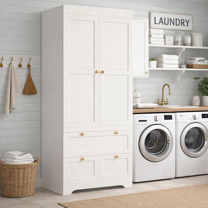 VELTENOVAIRE 2-Door Wardrobe Closet with 3 Drawers, 71" Tall White Wood Armoire Wardrobe Closet Organizer System & Storage Cabinet with Hanging Rod, Freestanding Bedroom Armoire, 20" Deep
