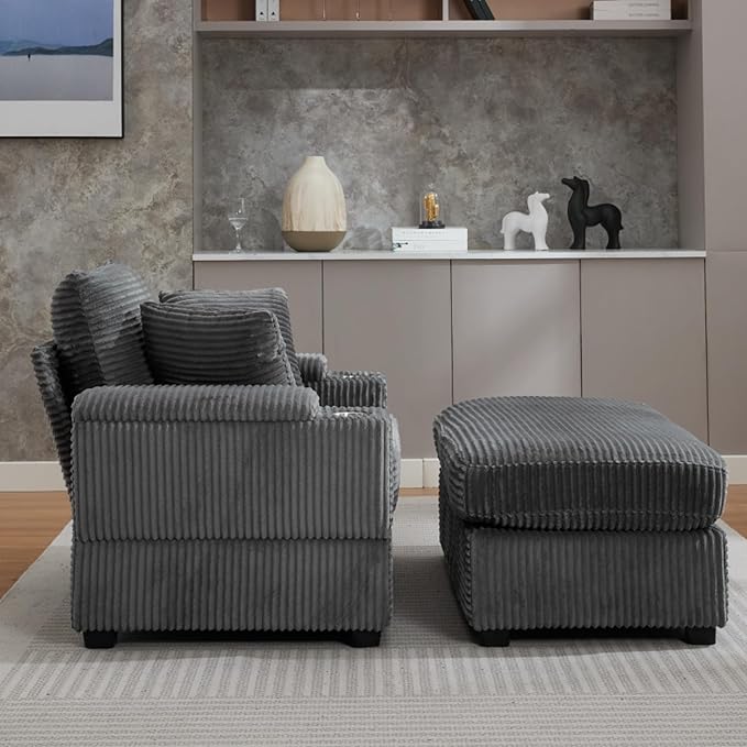 KEIKI Oversized Accent Chair with Ottoman, Chaise Lounge Chair Indoor with Handrail Storage, Cupholders, Oversized Sofa Bed, Deep Seat Sleeper Couch Reading Chairs for Living Room, Gray