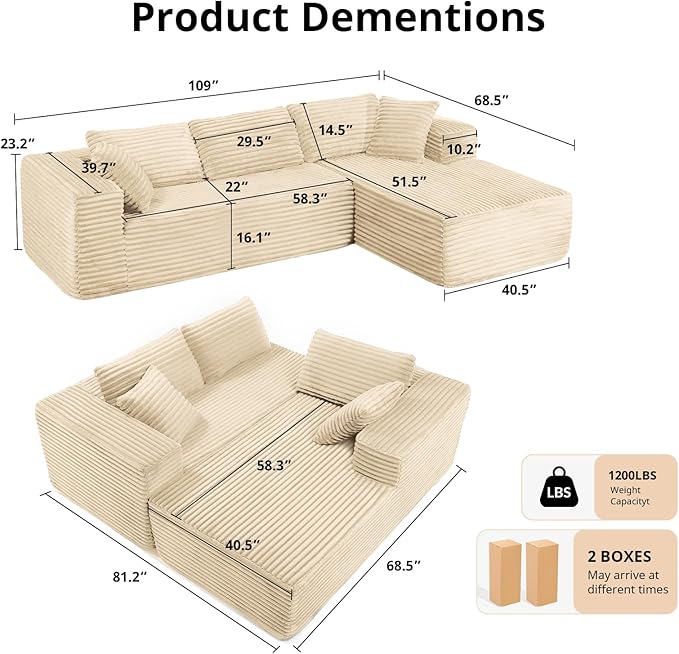 LUCKLIFE Modular Sectional Couch with L-Shape Chaise,Corduroy Upholstery Boneless Couches for Living Room,Oversized Sleeper Sofa,No Assembly Required (Beige, L Shape with Right Facing Chaise)