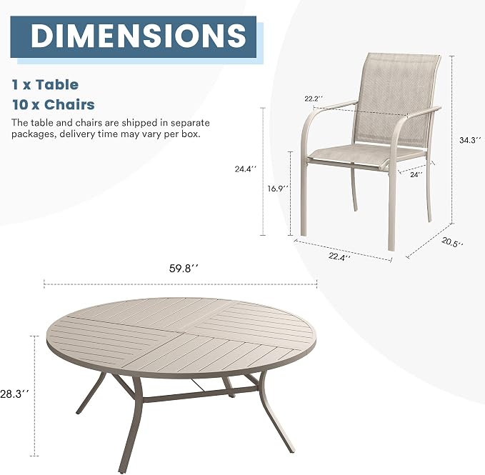 DIFY Patio Dining Set for 10, 11 Piece Outdoor Table and Chairs Set, 59.8" Round Metal Patio Dining Table and 10 Textilene Stackable Patio Chairs, for Backyard Garden Poolside, Sandshell - Image 8