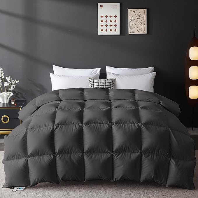 L LOVSOUL Goose Feather Down Fiber Comforter Twin Size, 100% Organic Cotton Fabric Duvet Insert,1200TC,750+FP, Hotel Collection, Heavyweight Grey Bedding Comforters with 8 Tabs,63oz