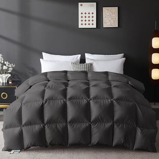 L LOVSOUL Goose Feather Down Fiber Comforter Twin Size, 100% Organic Cotton Fabric Duvet Insert,1200TC,750+FP, Hotel Collection, Heavyweight Grey Bedding Comforters with 8 Tabs,63oz