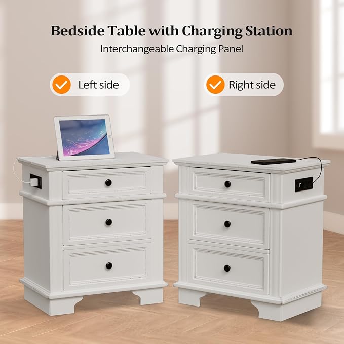 VINGLI Nightstand with Charging Station, 24" W Large Nightstand with 3 Textured Drawers, Bedroom Nightstands w/Curved Legs, Bedside Table, Side Table, Vintage Night Stand, Antique White - Image 3
