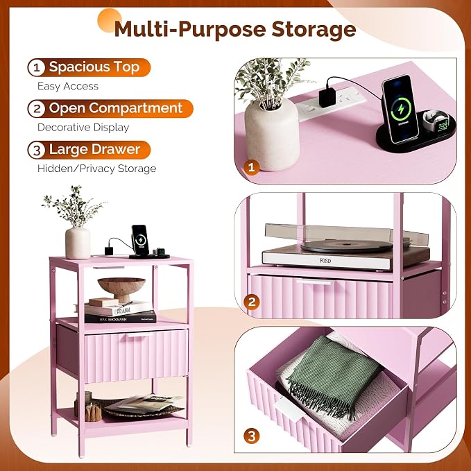 Bonnlo Fluted Nightstand Set of 2, End Table with Fabric Drawer with Charging Station, Night Stand with Storage Shelf & Handle, Fluted Side Table for Bedroom/Living Room,Pink - Image 7