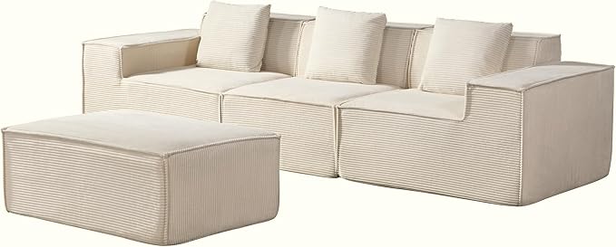 Rowan Convertible Corduroy Sectional Couch with Ottoman & Pillows, Modular L Shaped Sleeper Sofa, Boneless Cloud Couch for Living Room Furniture, Beige